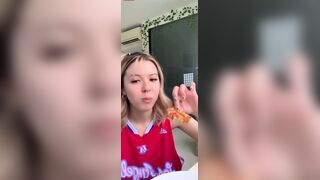 Asian Cute Babe Slips Her Small Nip While Eating Pizza