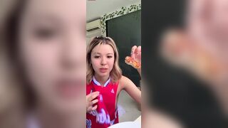 Asian Cute Babe Slips Her Small Nip While Eating Pizza