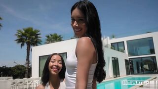 Carolina Guerrero And Lia Lin Share A Cock Beside The Poolside